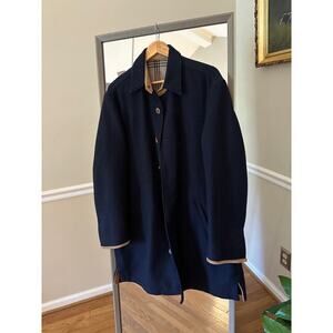MINE Wool Coat Men's Medium Navy Blue Beige Leather Trim